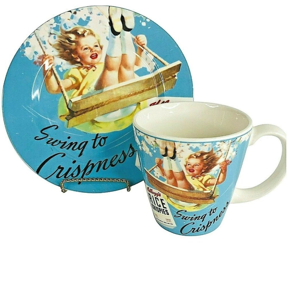 Kelloggs Vintage Rice Krispies Plate & Mug Set Ceramic Cereal 2005 Girl on Swing